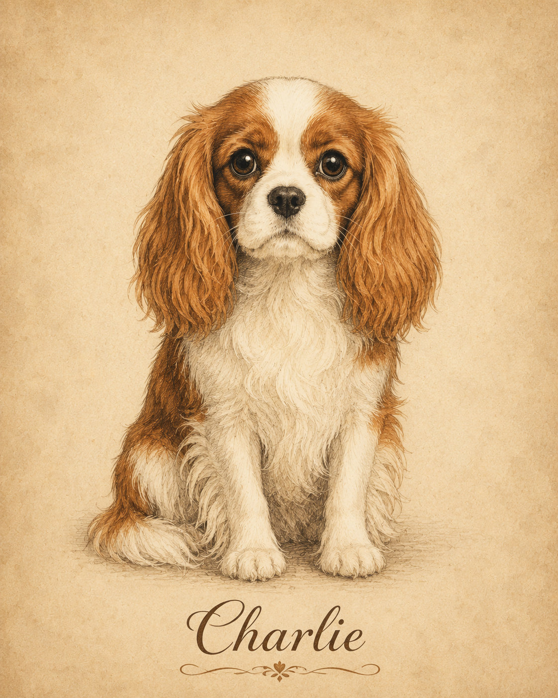 Storybook pet portrait — warm nostalgic illustrated pet sketch made from a photo