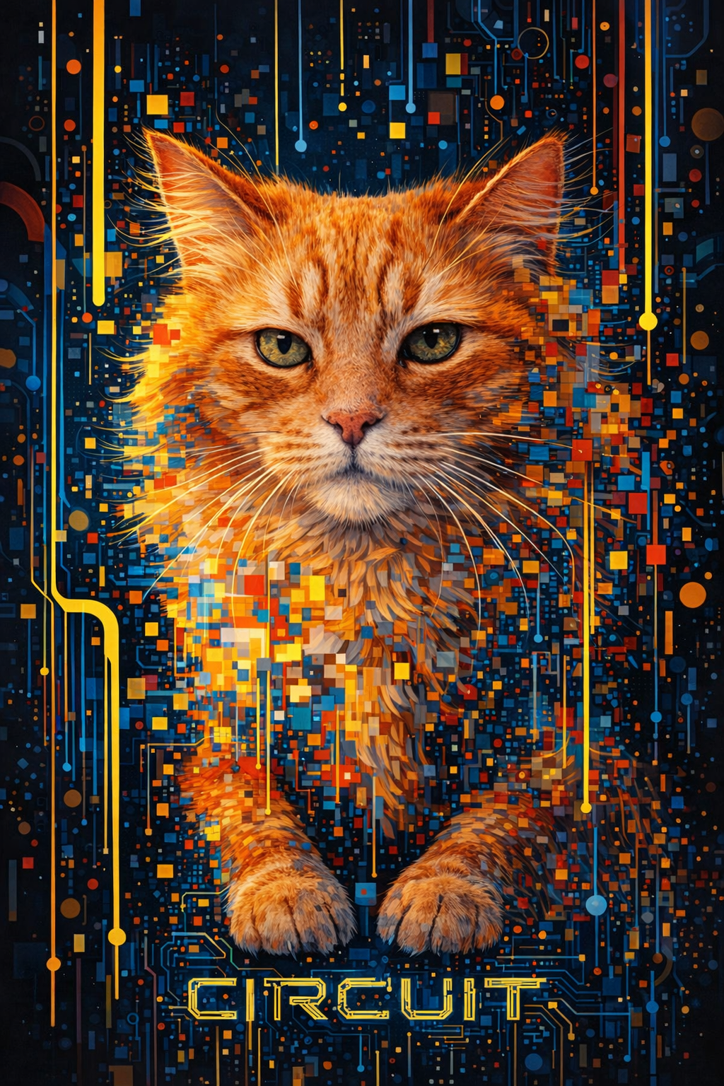 Pixel art pet portrait in electric blue, yellow and red against dark navy