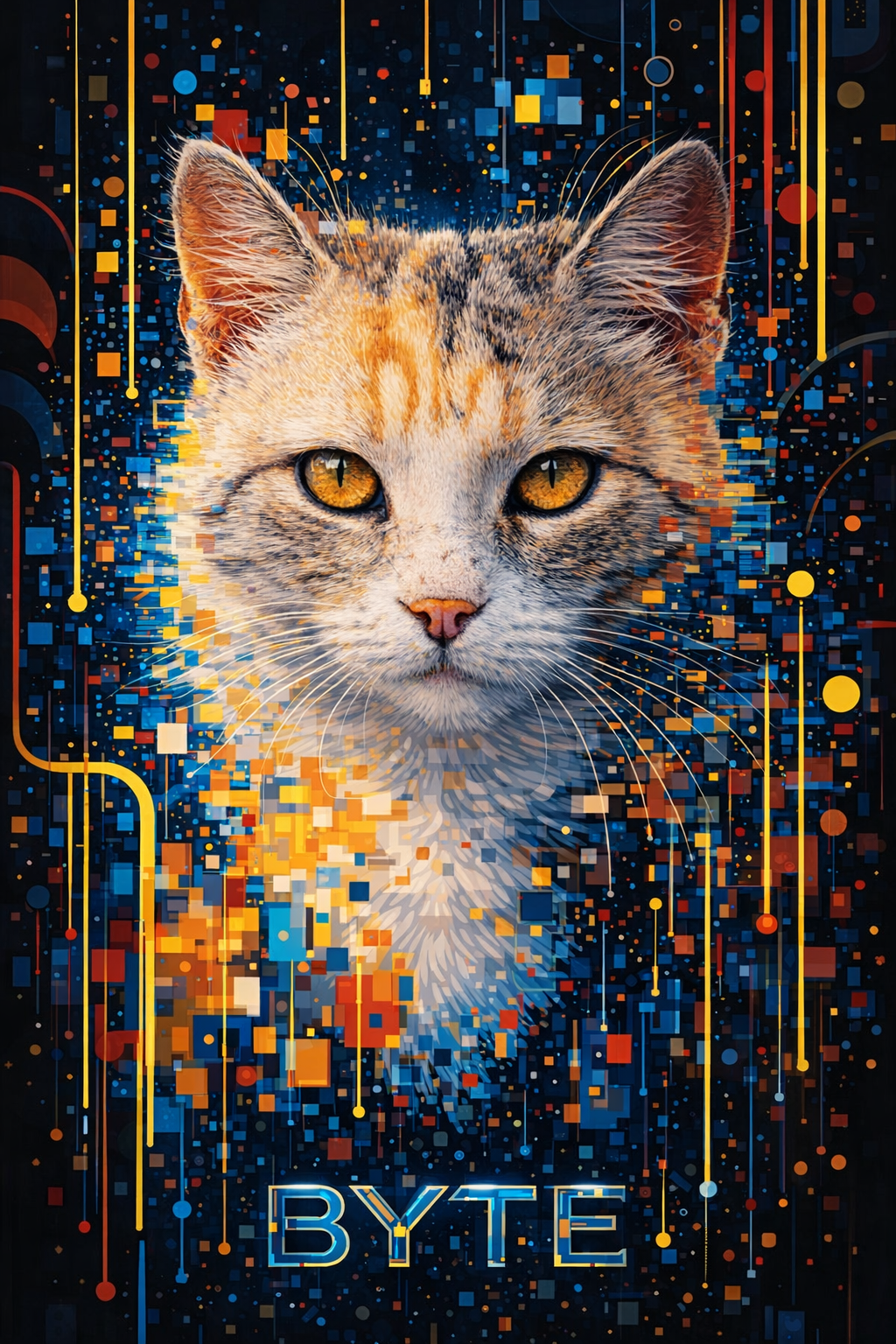Tech circuit-board pet portrait printed on metal, framed and ready to hang