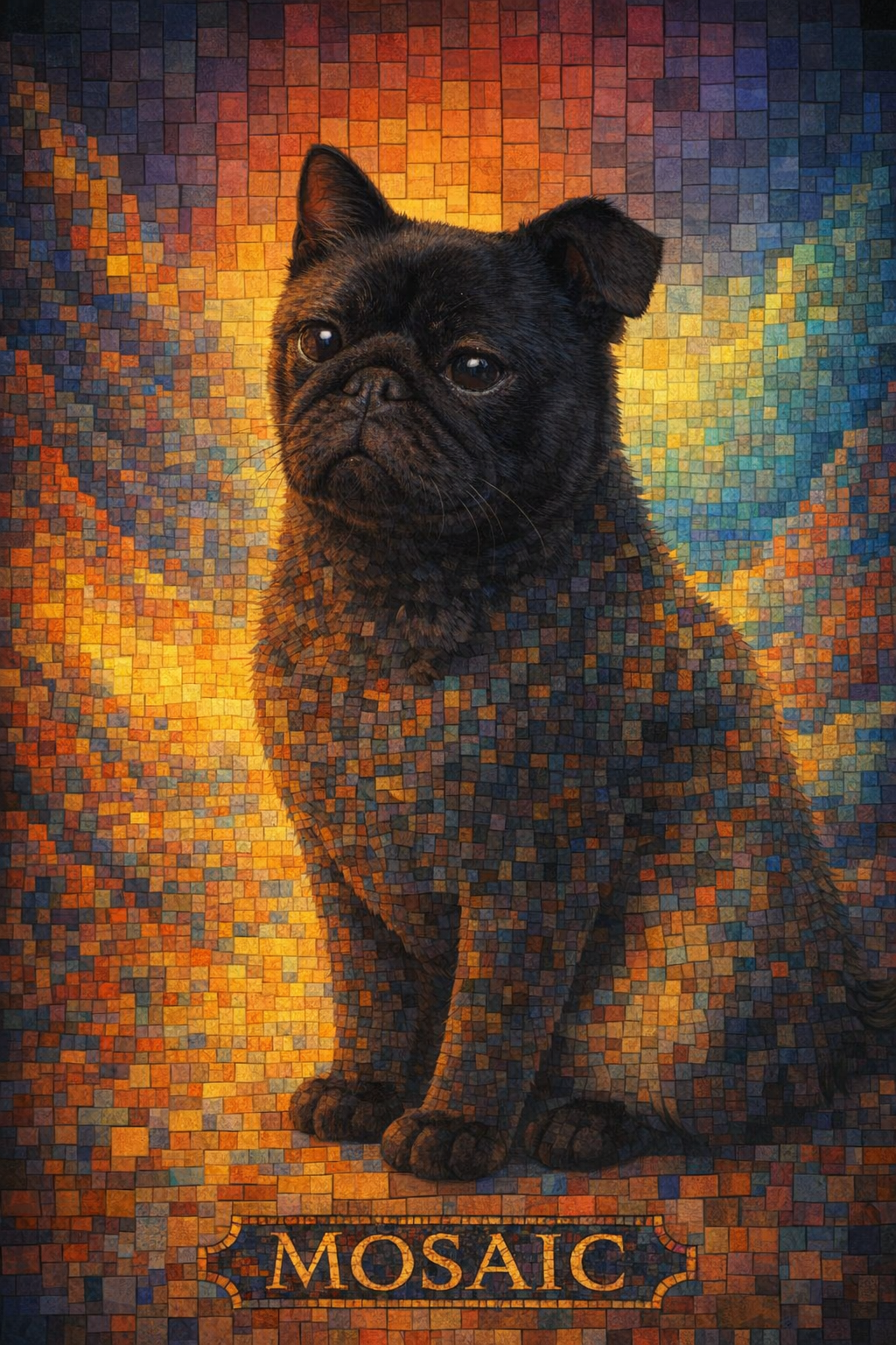 mosaic cat portrait built from colorful tiles