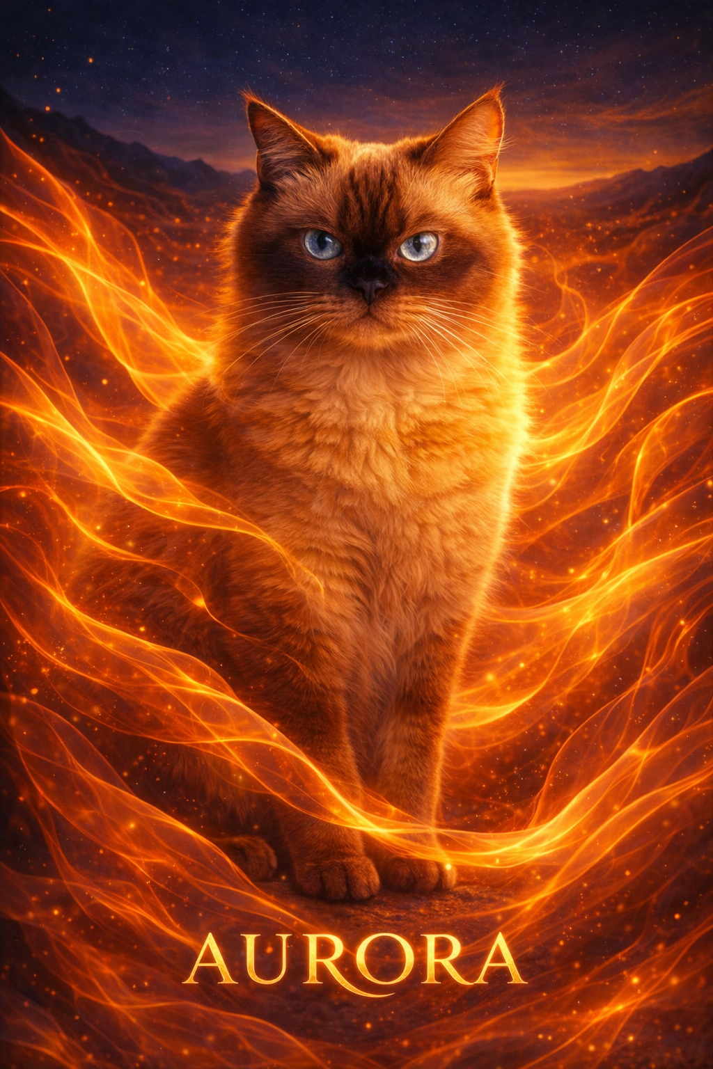 ethereal pet portrait of a cat against a dark twilight sky