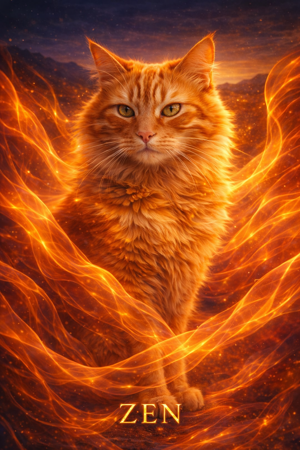 mystical pet portrait with swirling amber energy ribbons