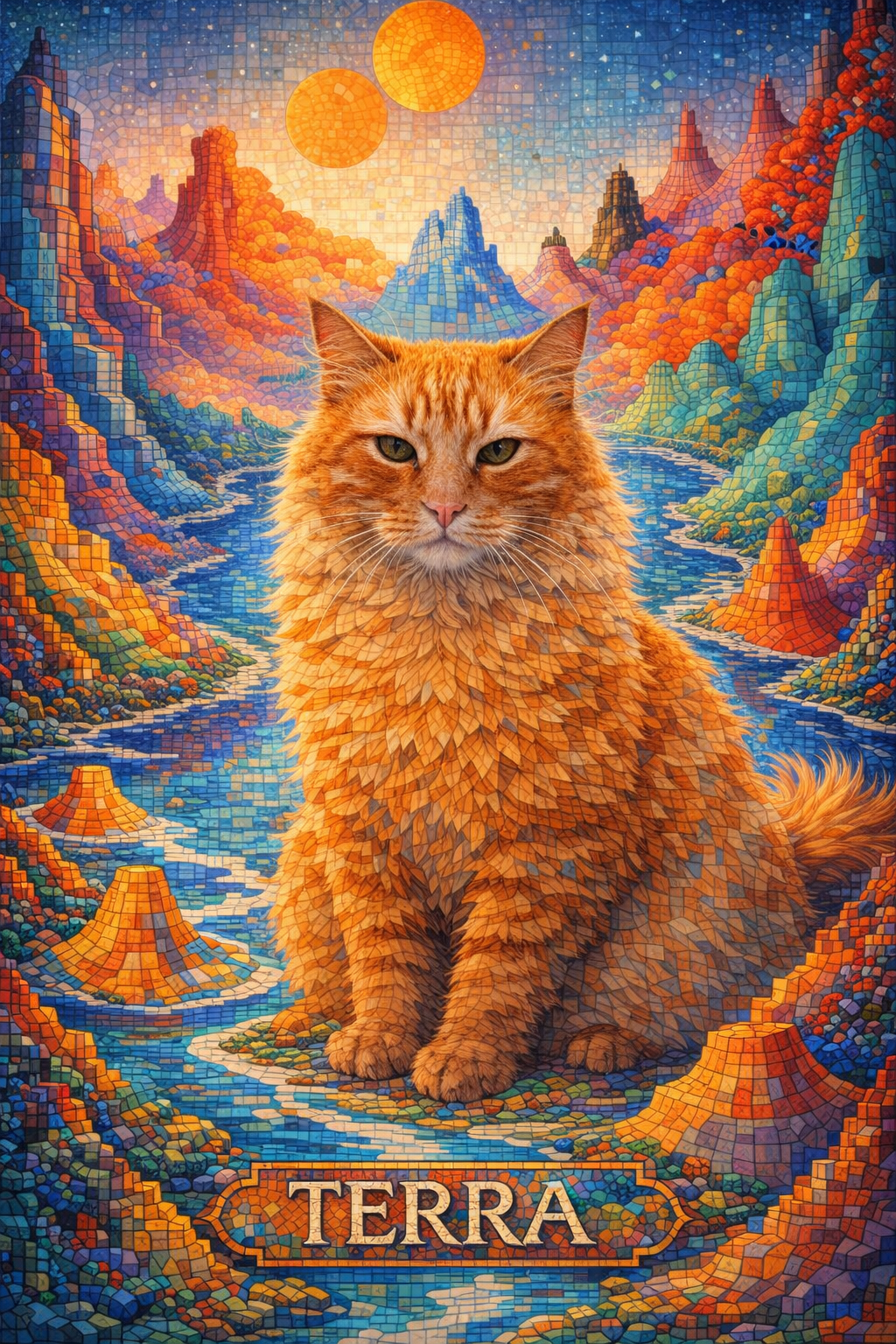 Custom geometric tile pet portrait made from one photo in blues, oranges, greens, and purples