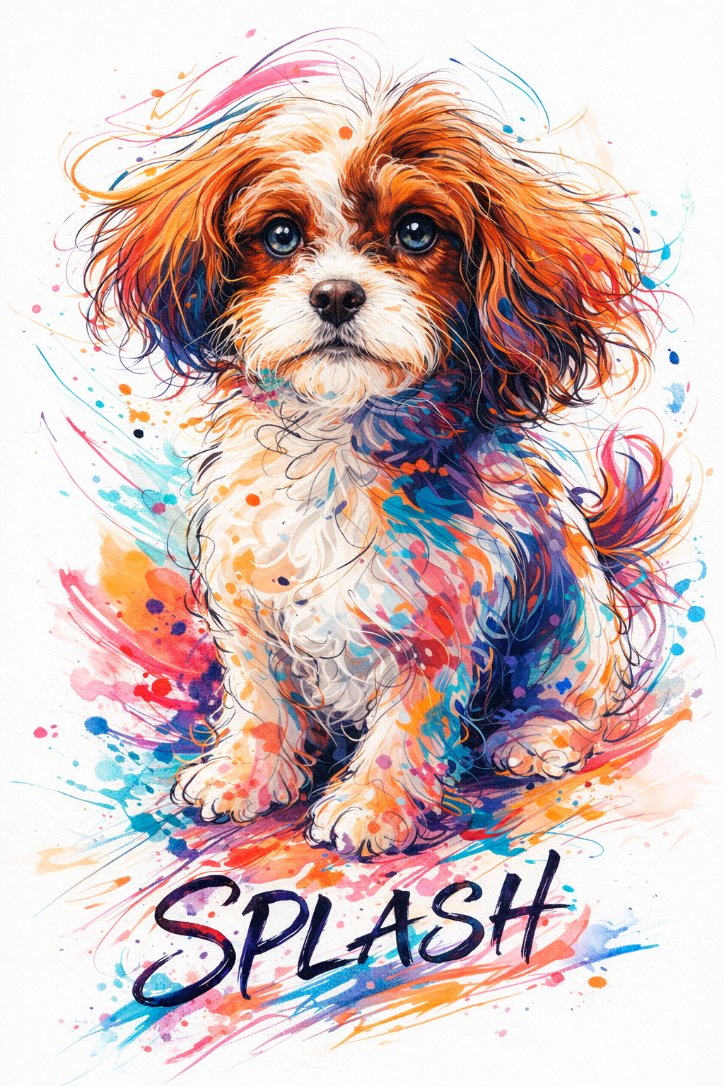 Abstract ink line-art cat portrait with hot pink, teal, orange, and violet splashes on white