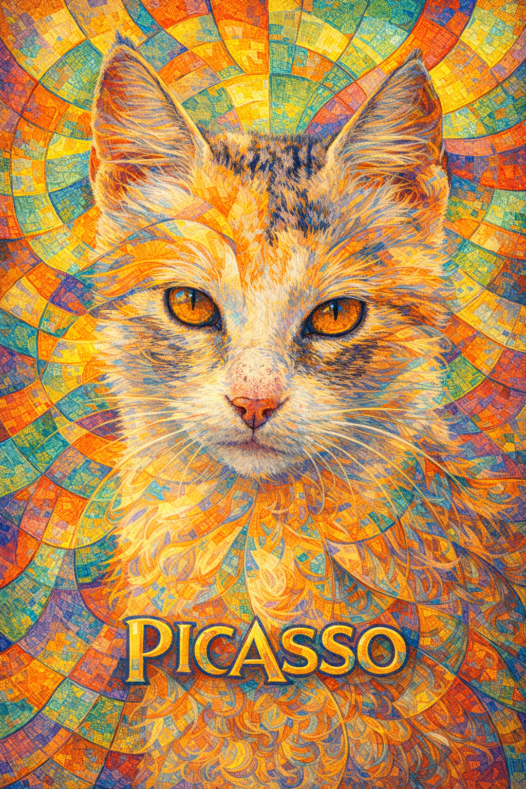 Colorful abstract cat portrait with jewel-toned glass-like sections and radiant eyes