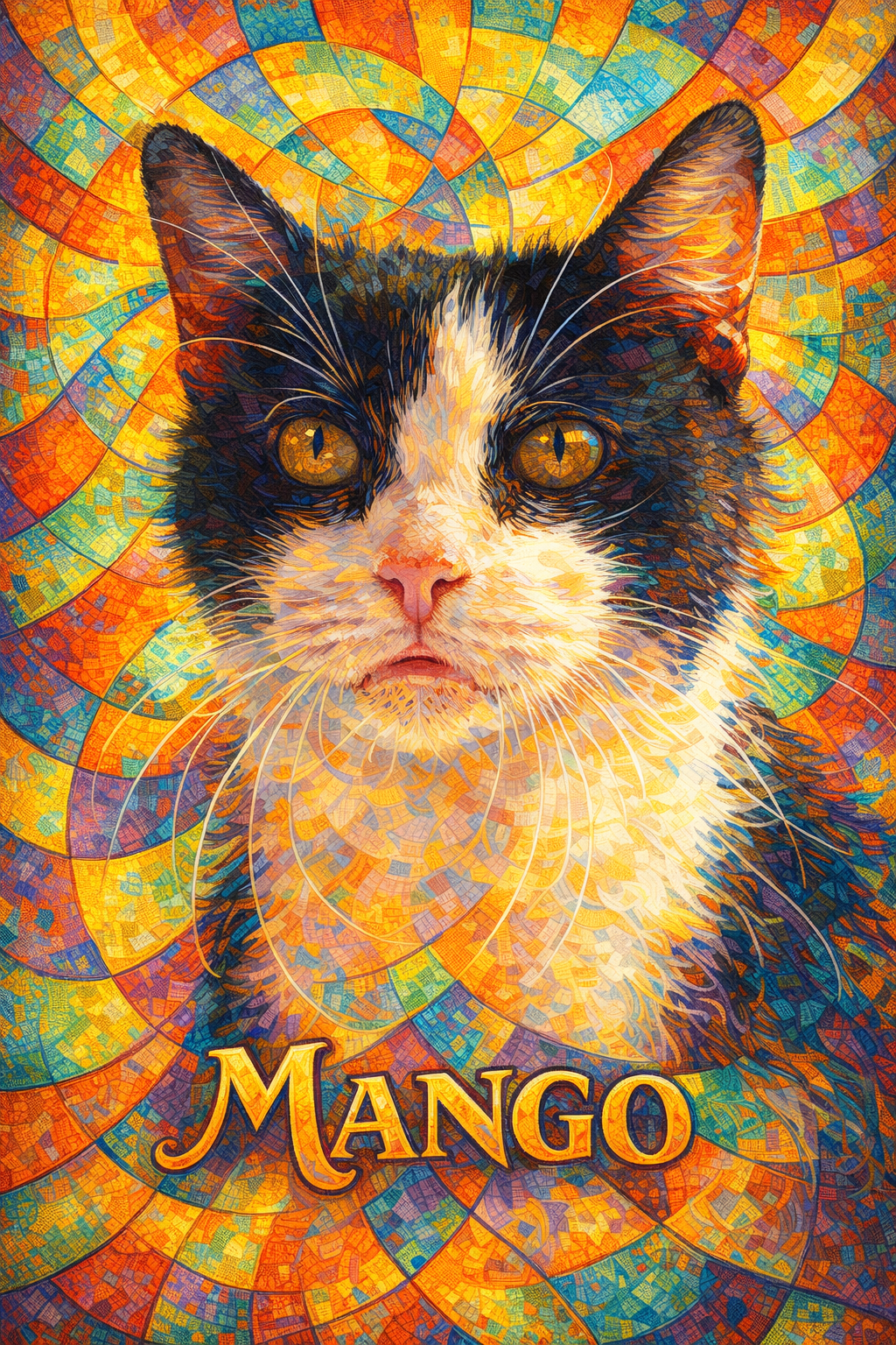 Stained glass pet portrait printed on acrylic with bright saturated color, framed