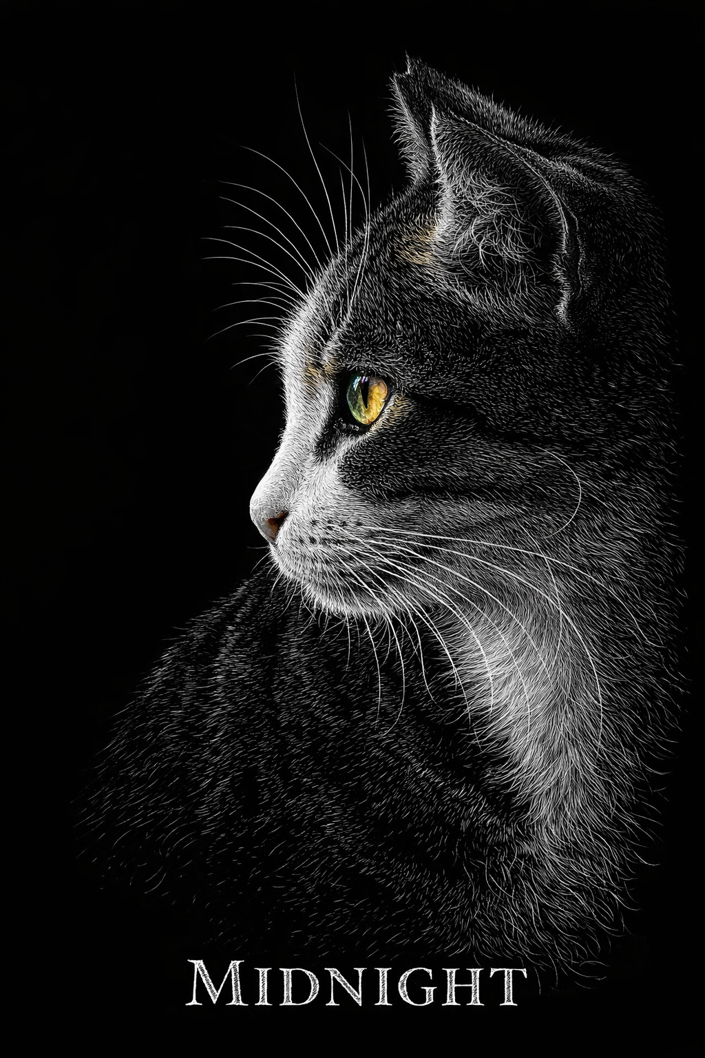 Etching pet portrait of a cat with scratchboard-style linework tracing the fur