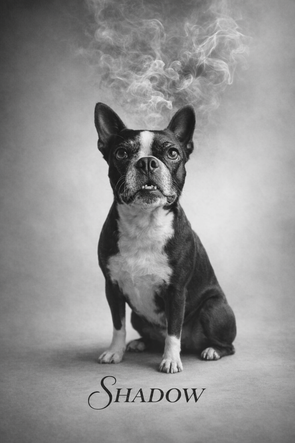 Monochrome pet portrait with rich blacks and glowing whites on a neutral background