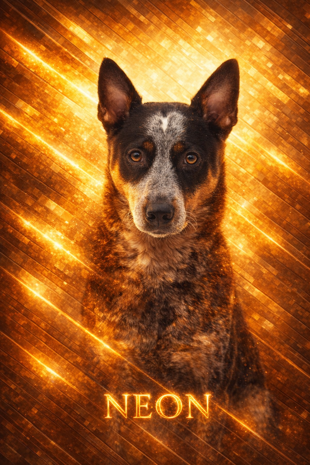 Photorealistic dog portrait with amber, honey, and bronze mosaic tiles and diagonal light beams