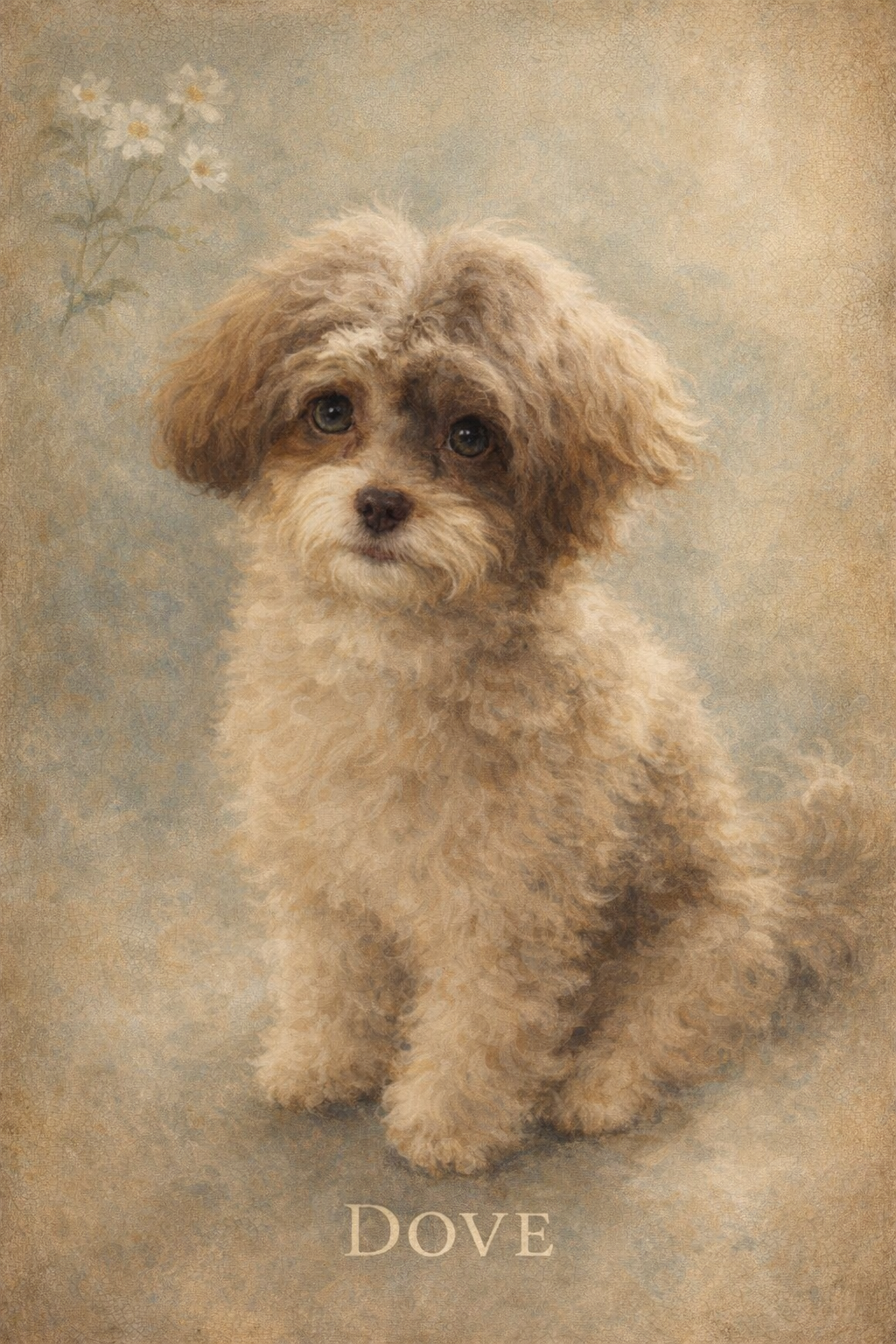Antique-style dog portrait with muted creams, blue-grays, and white daisies on aged canvas