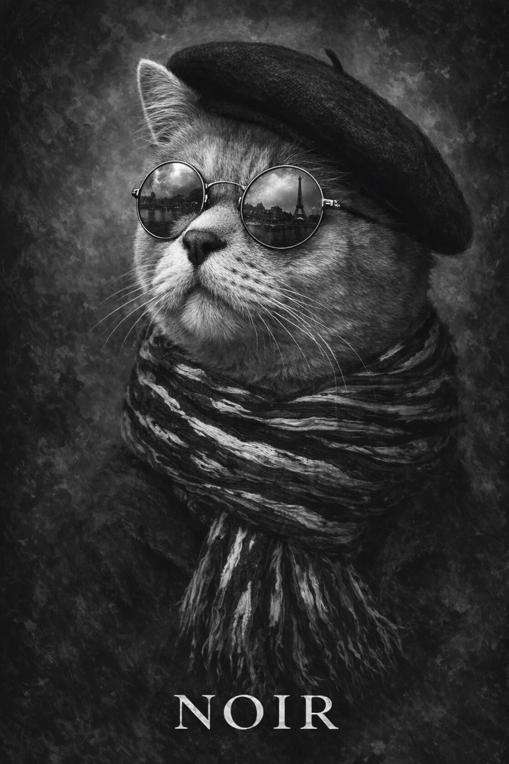 Monochrome French noir portrait of a pet with wire-frame glasses against a smoky dark background