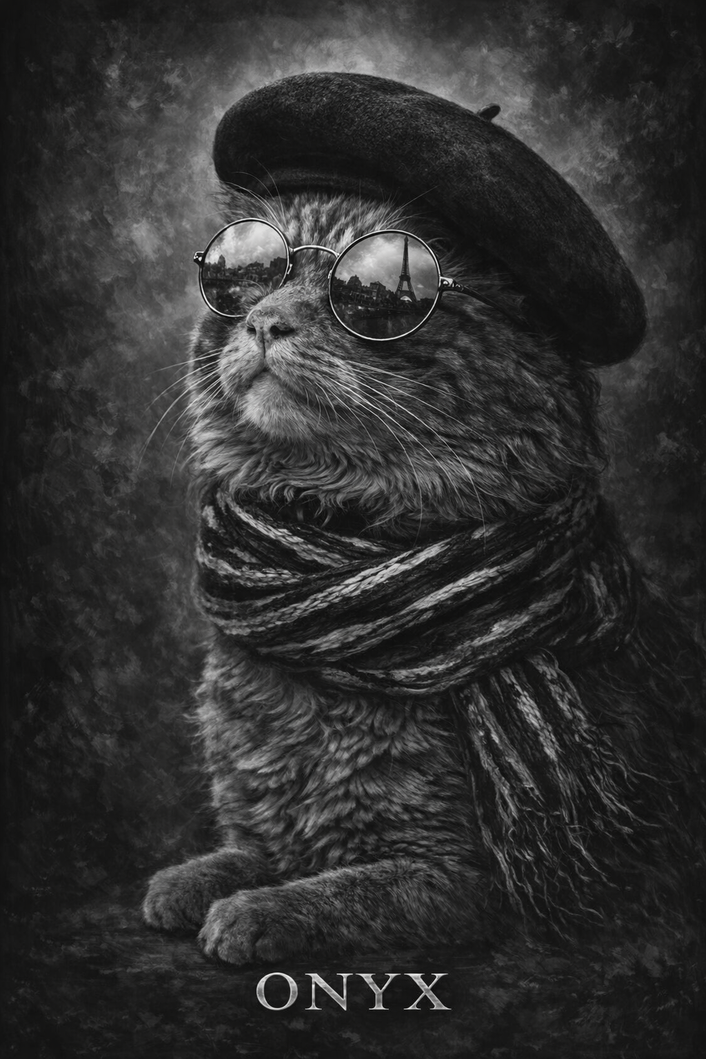 High-contrast black and white noir pet portrait made from one photo