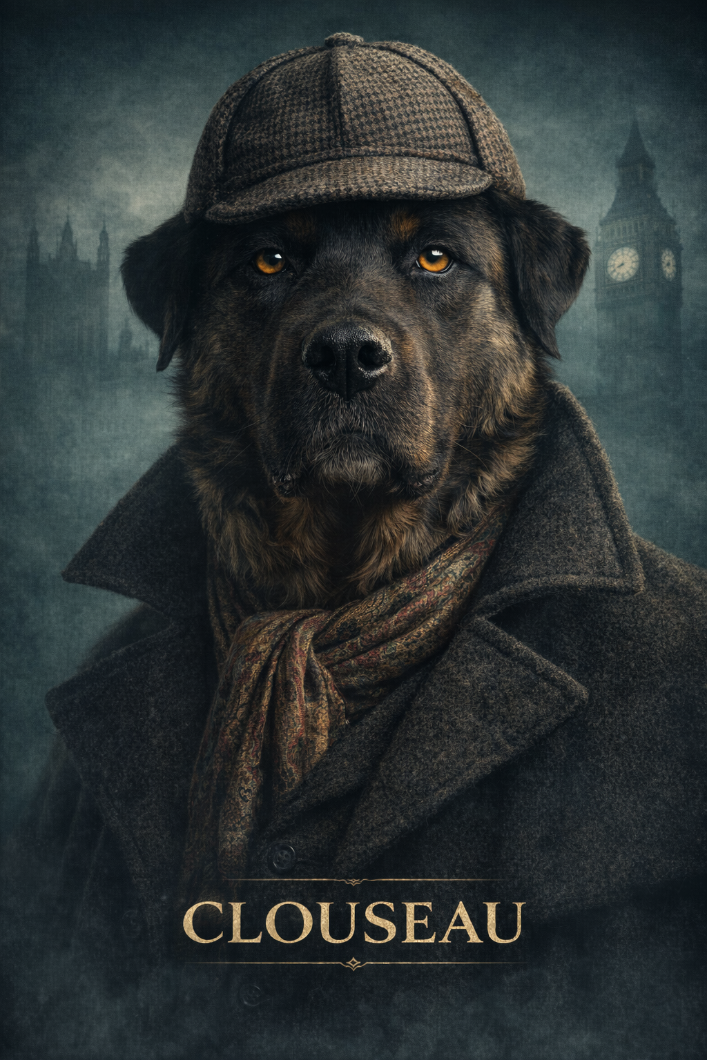 detective pet portrait of a gray cat in foggy London