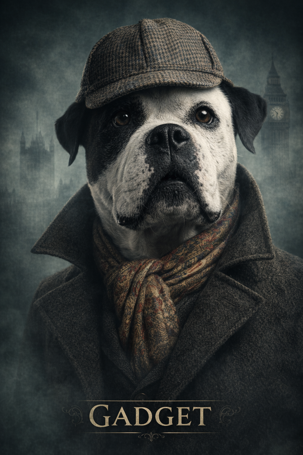 detective dog portrait of a terrier in a wool overcoat