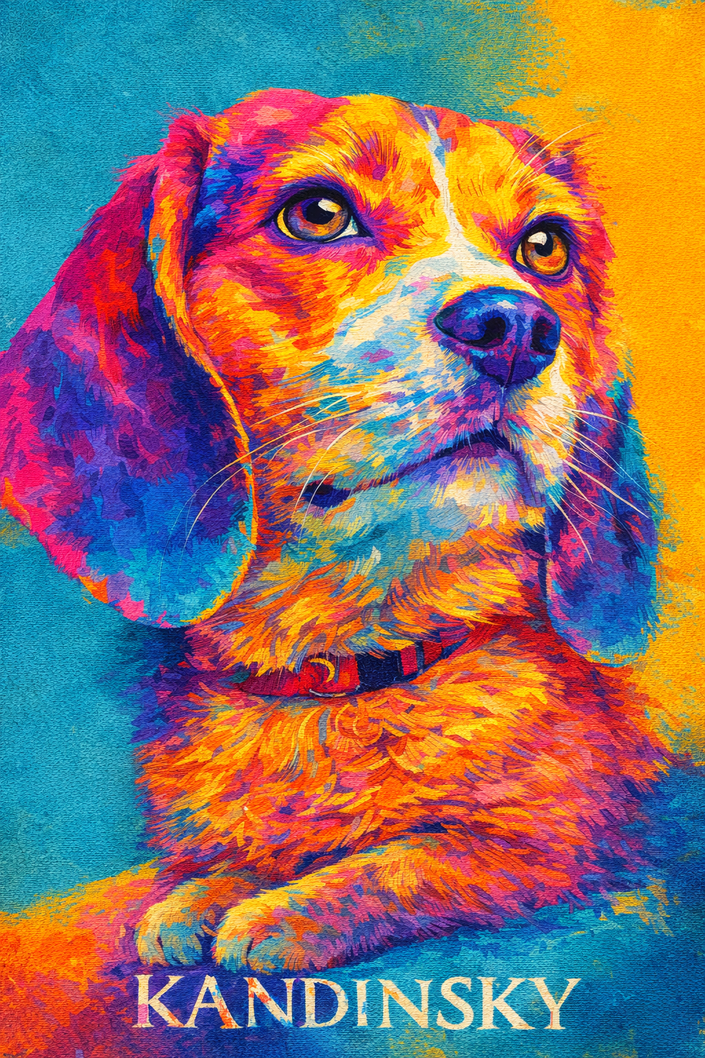 Abstract pet portrait with a cat's face in saturated brushstrokes against a teal and gold background