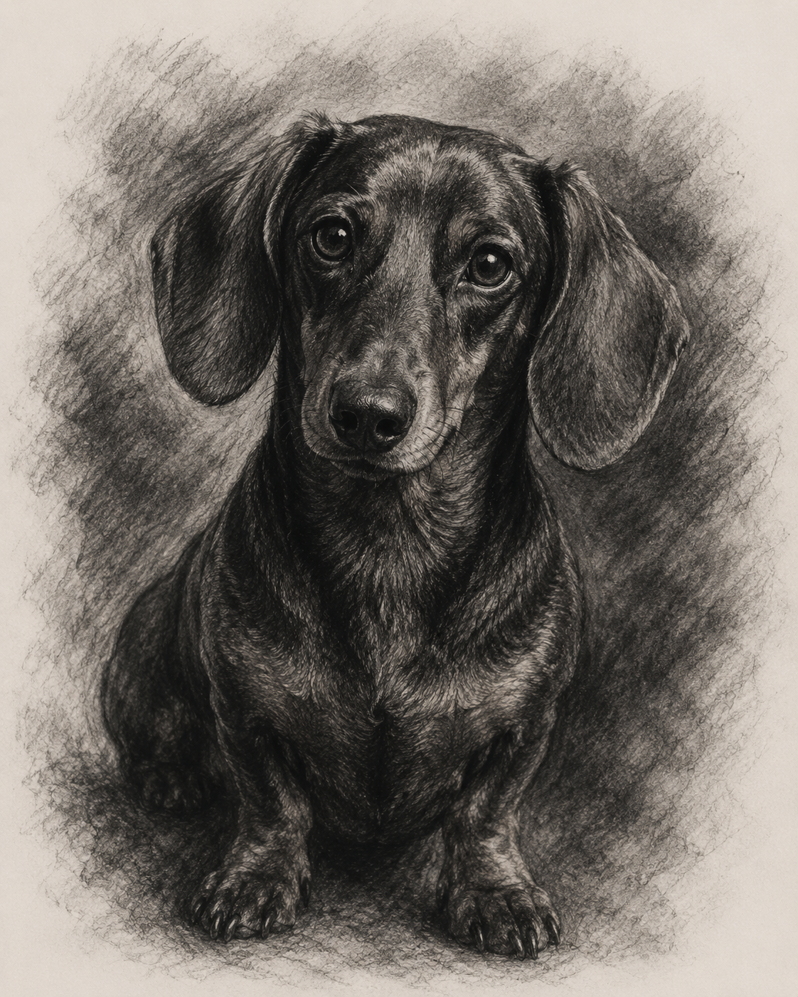 Charcoal pet portrait of a dachshund — custom charcoal drawing made from a photo