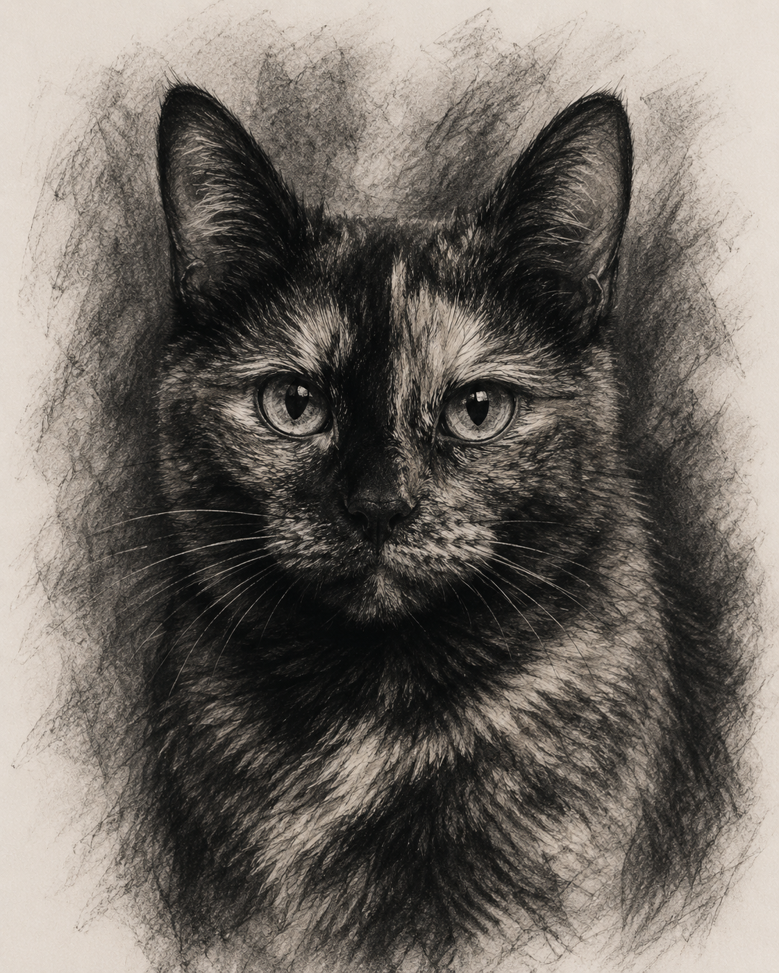 Charcoal pet portrait of a tortoiseshell cat — custom charcoal sketch made from a photo