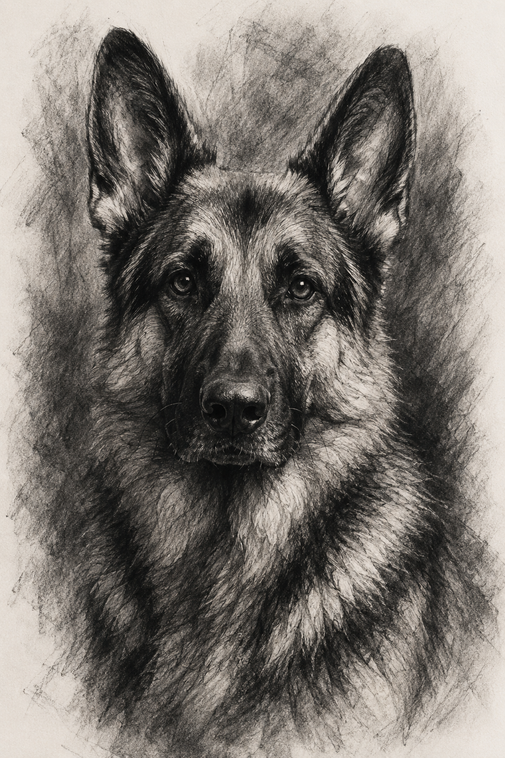 Charcoal pet portrait of a German Shepherd — custom charcoal drawing made from a photo