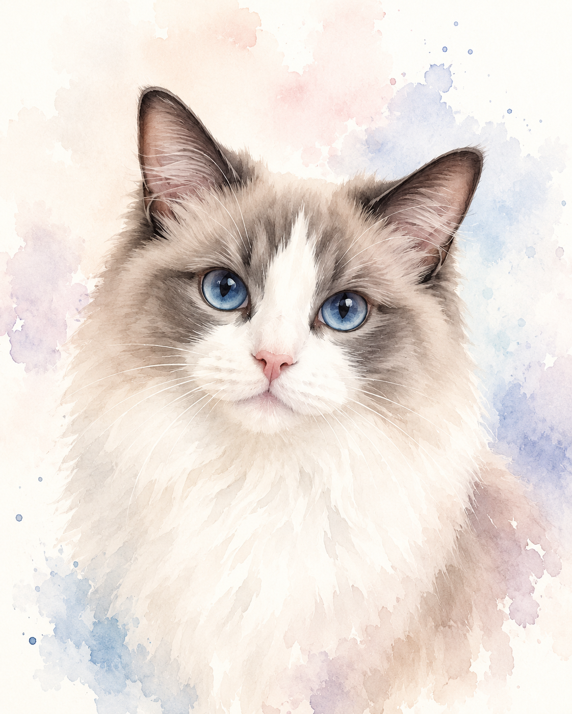 Watercolor pet portrait of a Ragdoll cat — soft pastel watercolor washes made from a photo