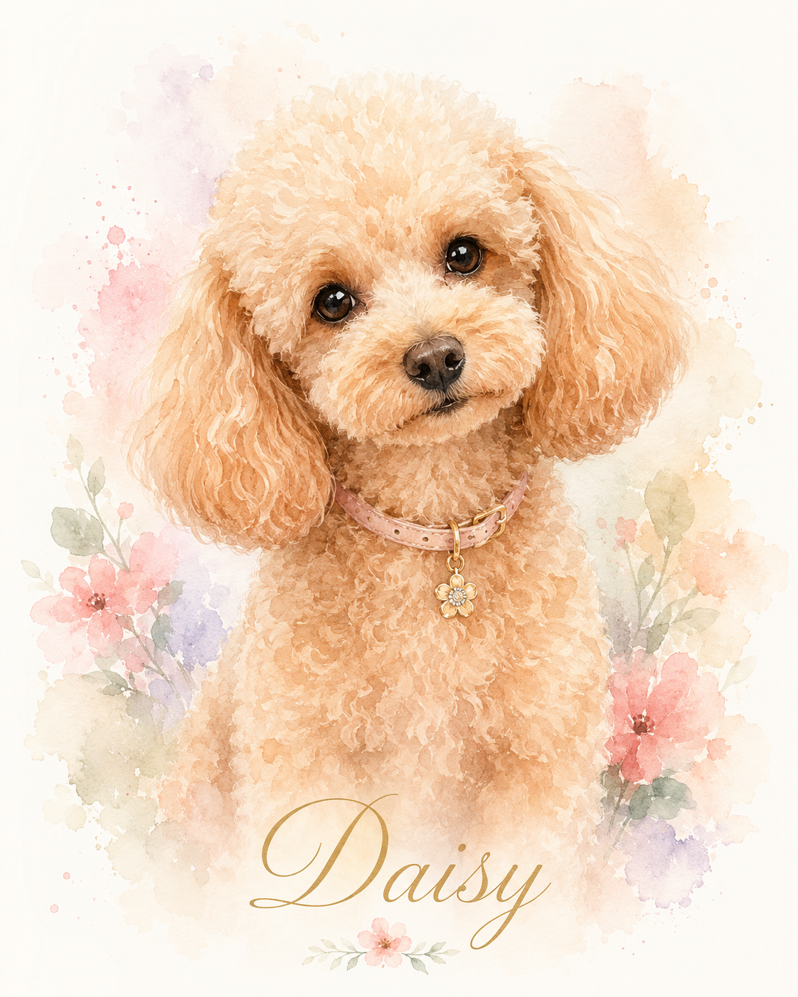 Watercolor pet portrait of a Toy Poodle named Daisy — soft floral watercolor made from a photo