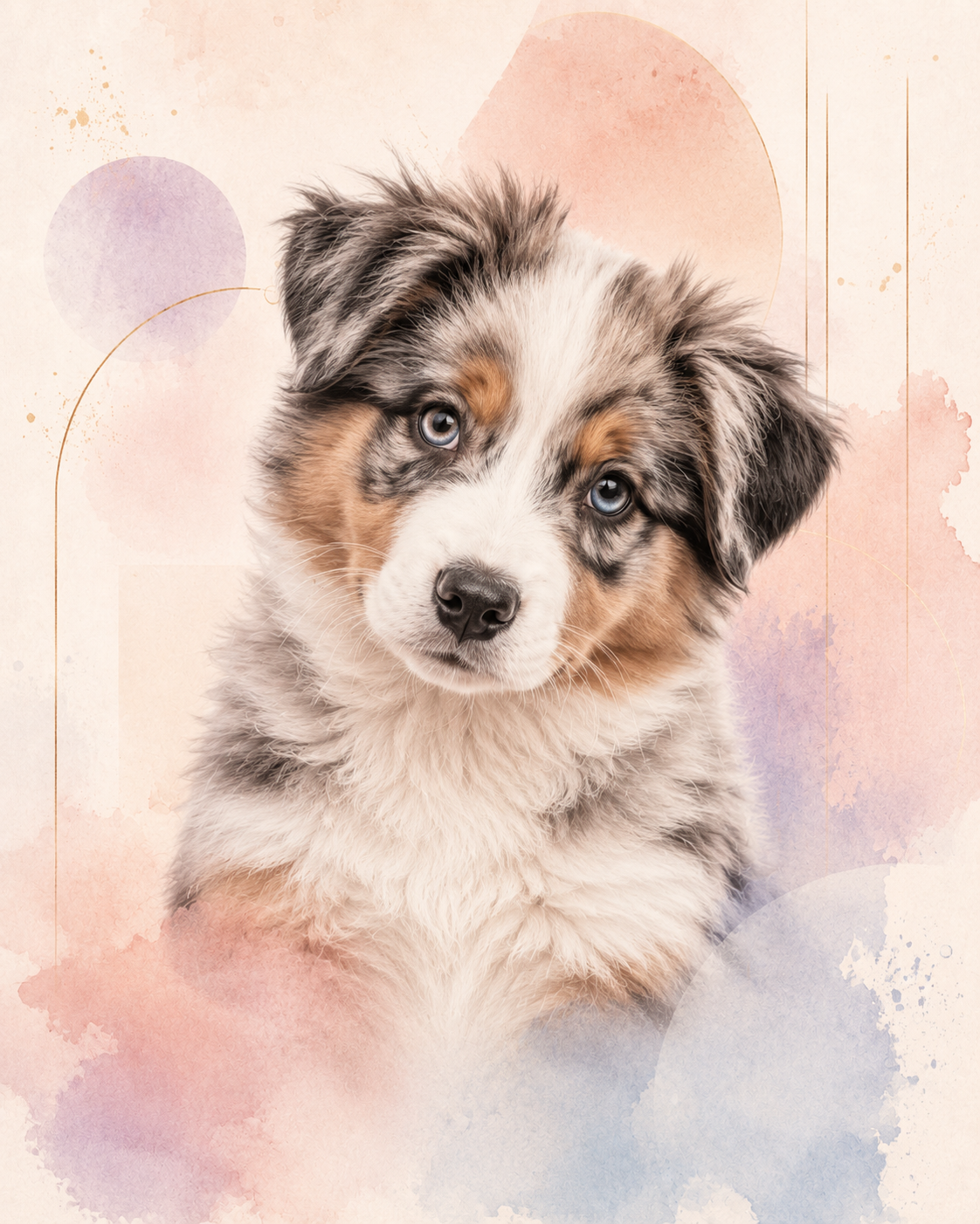 Portrait in Pastels pet portrait of an Australian Shepherd puppy — soft pastel watercolor made from a photo