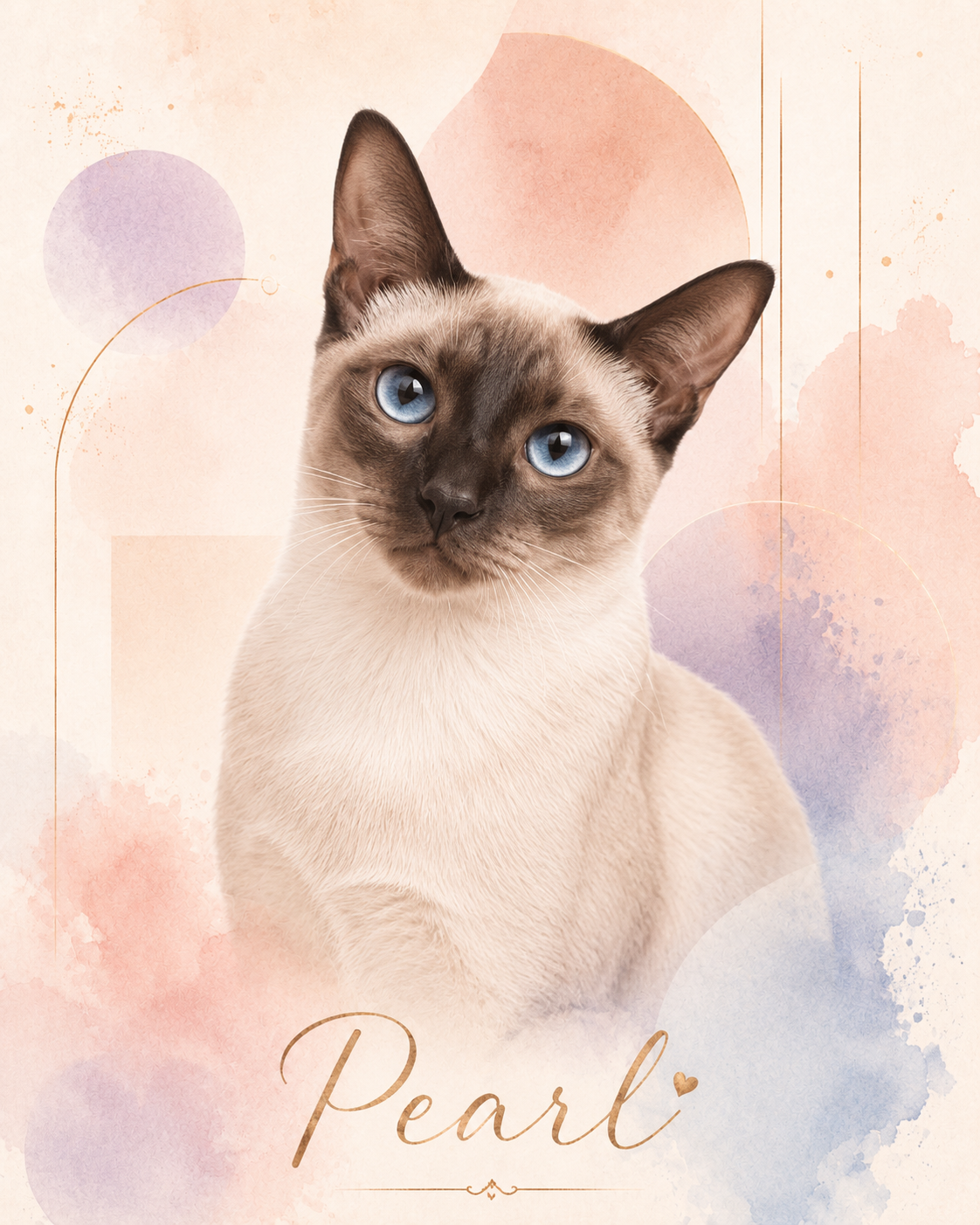 Portrait in Pastels pet portrait of a Siamese cat named Pearl — soft pastel watercolor made from a photo