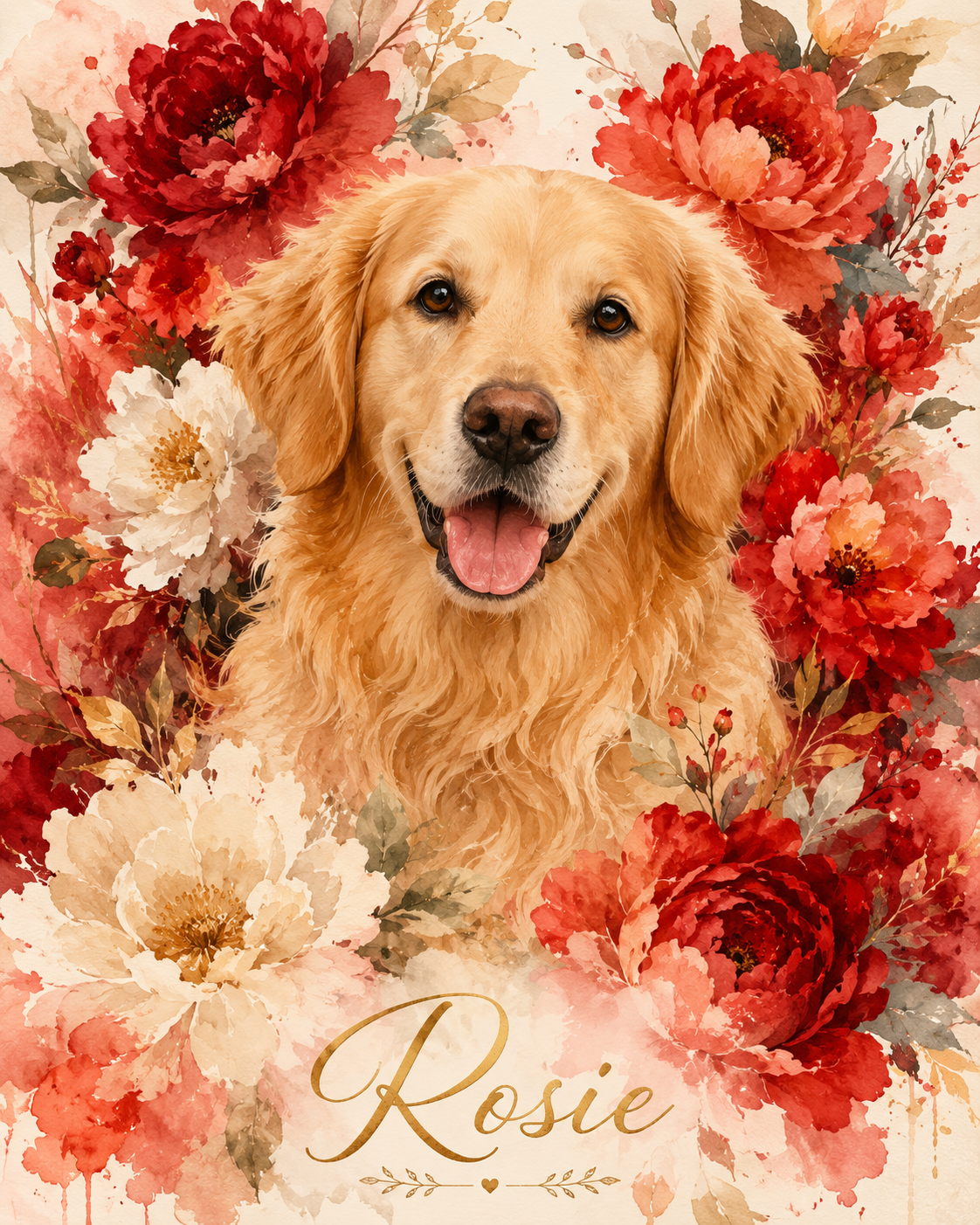 Floré pet portrait of a Golden Retriever named Rosie — bold red and coral floral watercolor made from a photo
