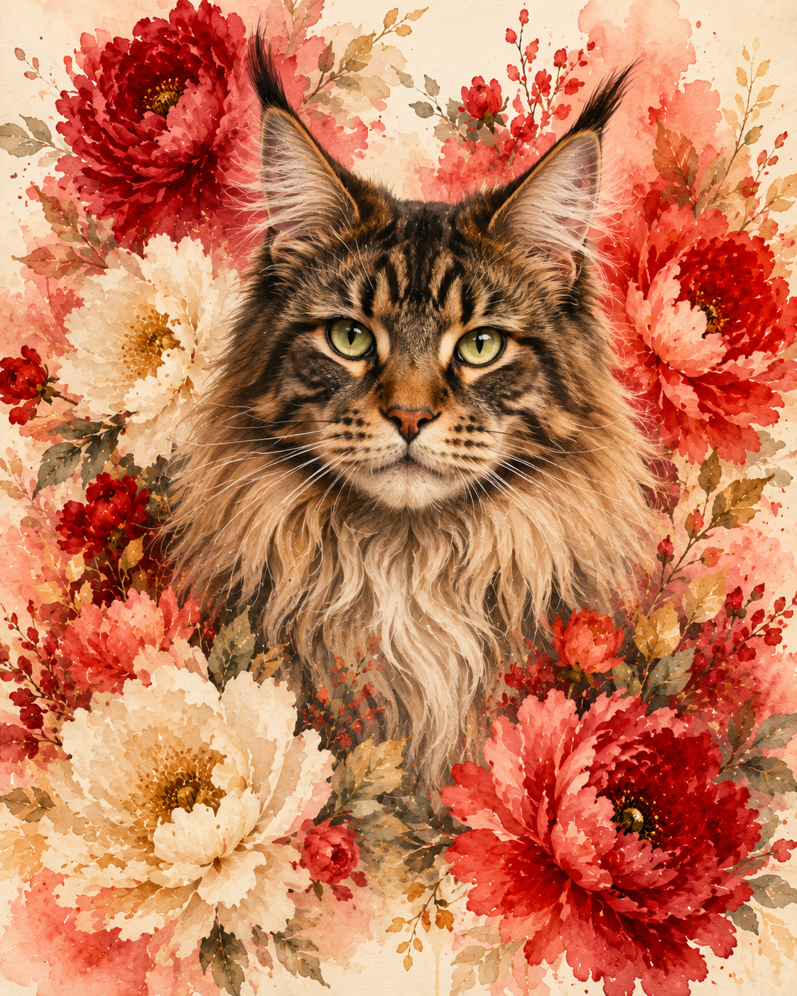 Floré pet portrait of a Maine Coon cat — lush red and ivory floral watercolor made from a photo