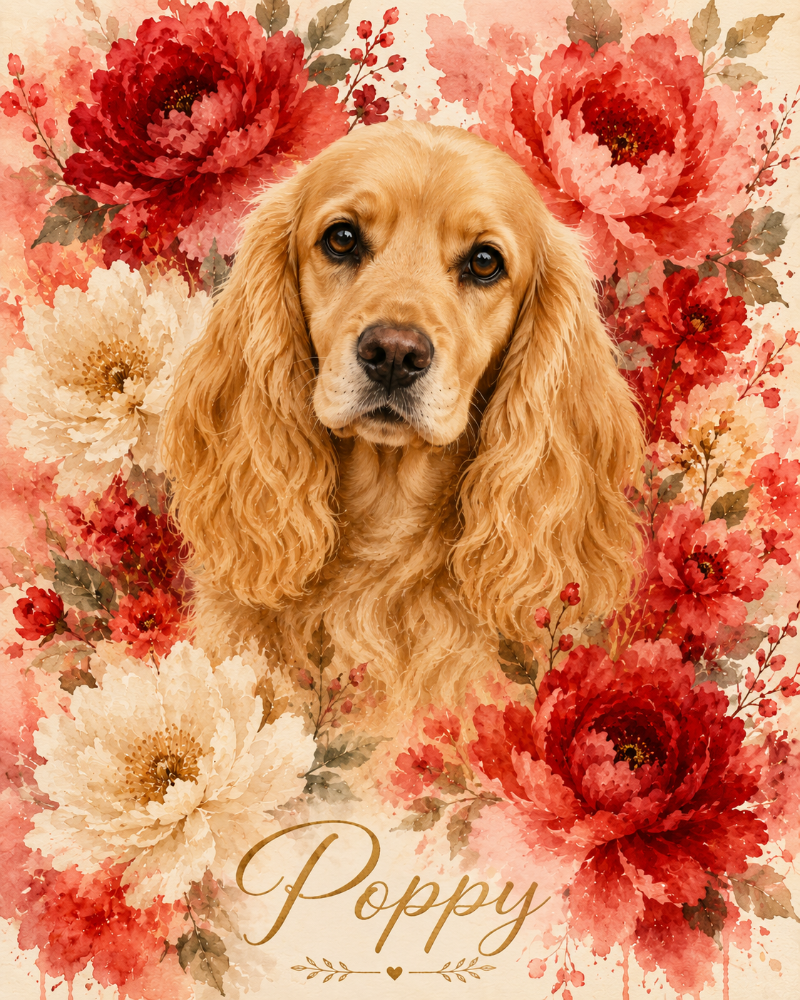 Floré pet portrait of a Cocker Spaniel named Poppy — dramatic red floral watercolor made from a photo