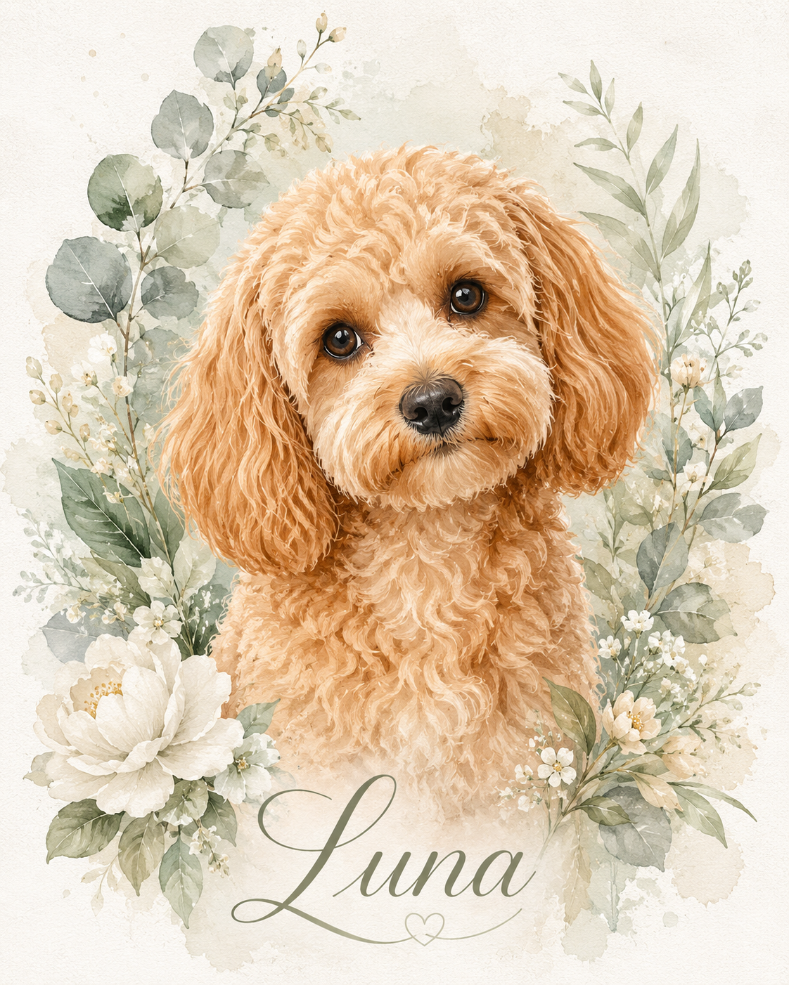 Botanical watercolor pet portrait of an apricot Cavapoo named Luna — soft sage leaves and pale florals made from a photo