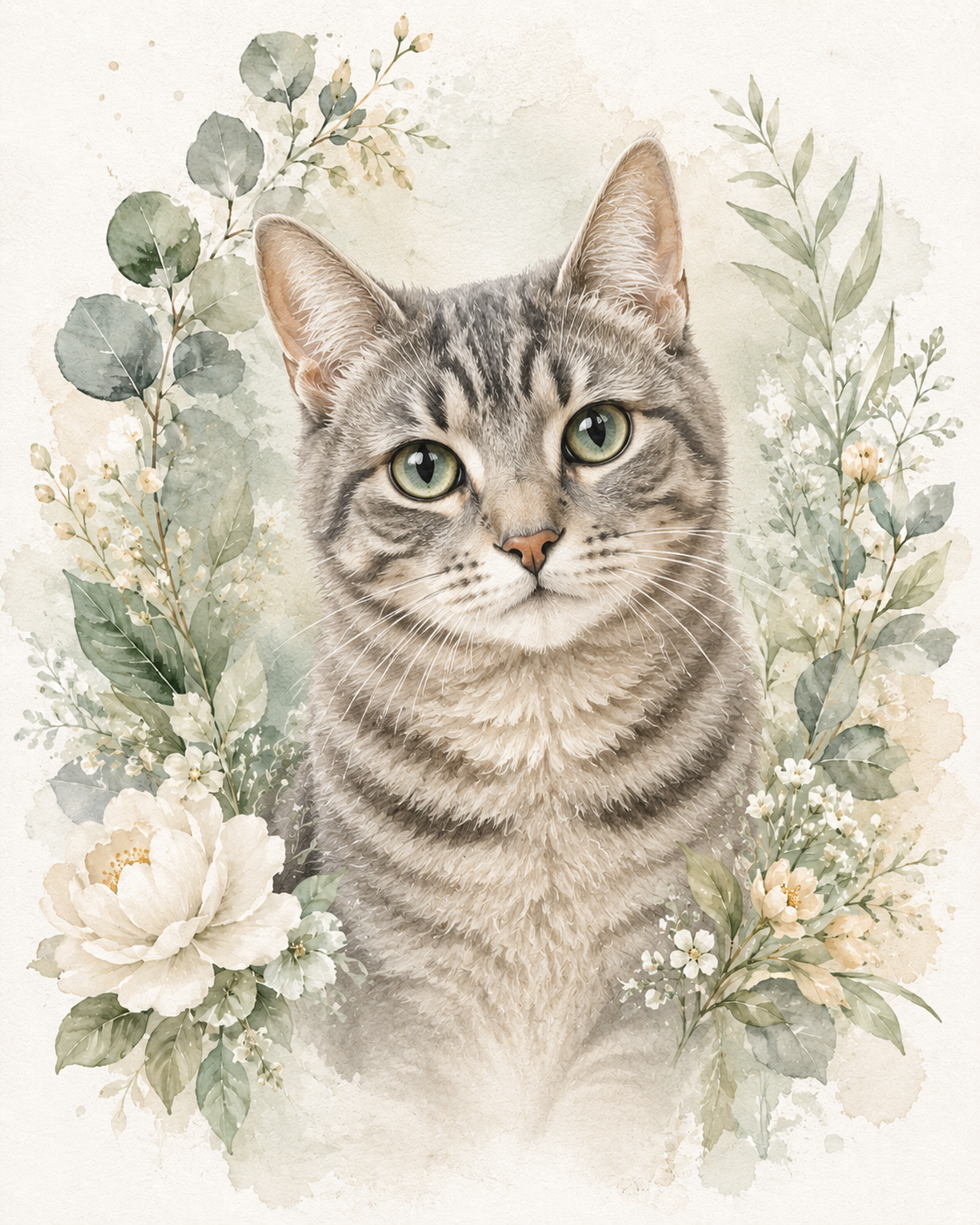 Botanical watercolor pet portrait of a gray tabby cat — delicate sage botanicals and florals made from a photo