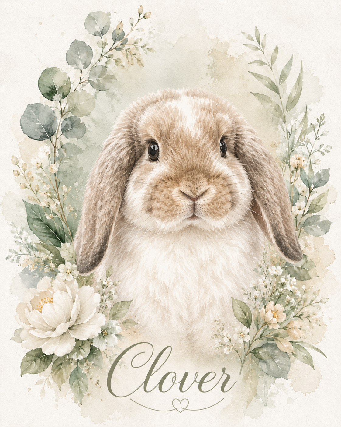 Botanical watercolor pet portrait of a Holland Lop rabbit named Clover — soft greenery and pale blooms made from a photo