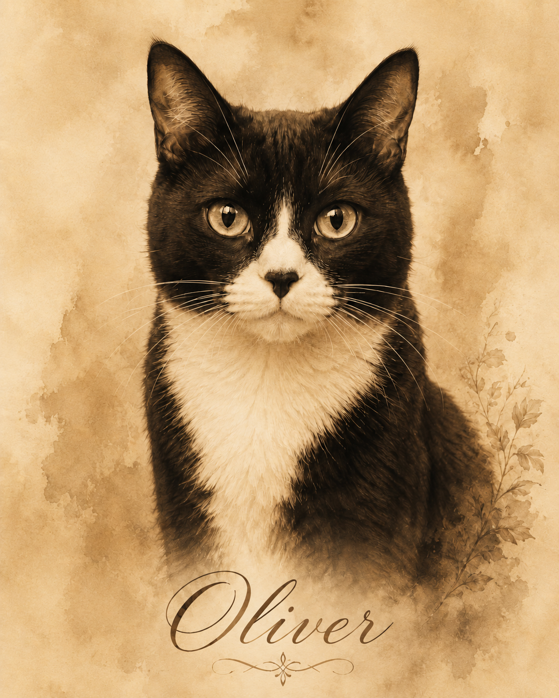 Vintage sepia pet portrait of a Tuxedo cat named Oliver — warm aged sepia watercolor made from a photo