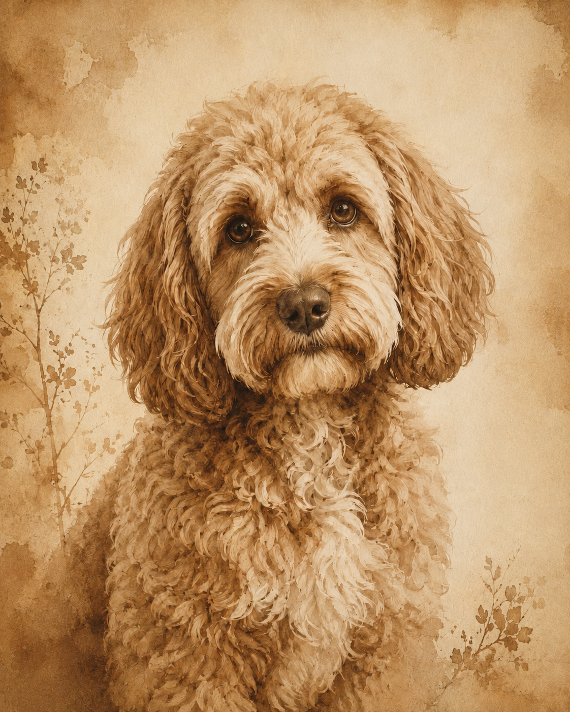 Vintage sepia pet portrait of a Cockapoo — warm nostalgic sepia tones made from a photo
