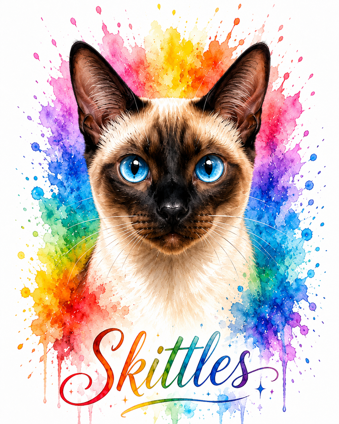 Rainbow splash pet portrait of a Siamese cat named Skittles — vibrant rainbow watercolor splatters made from a photo