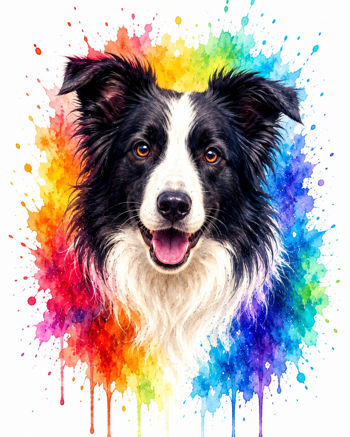 Rainbow splash pet portrait of a Border Collie — joyful rainbow watercolor bursts made from a photo