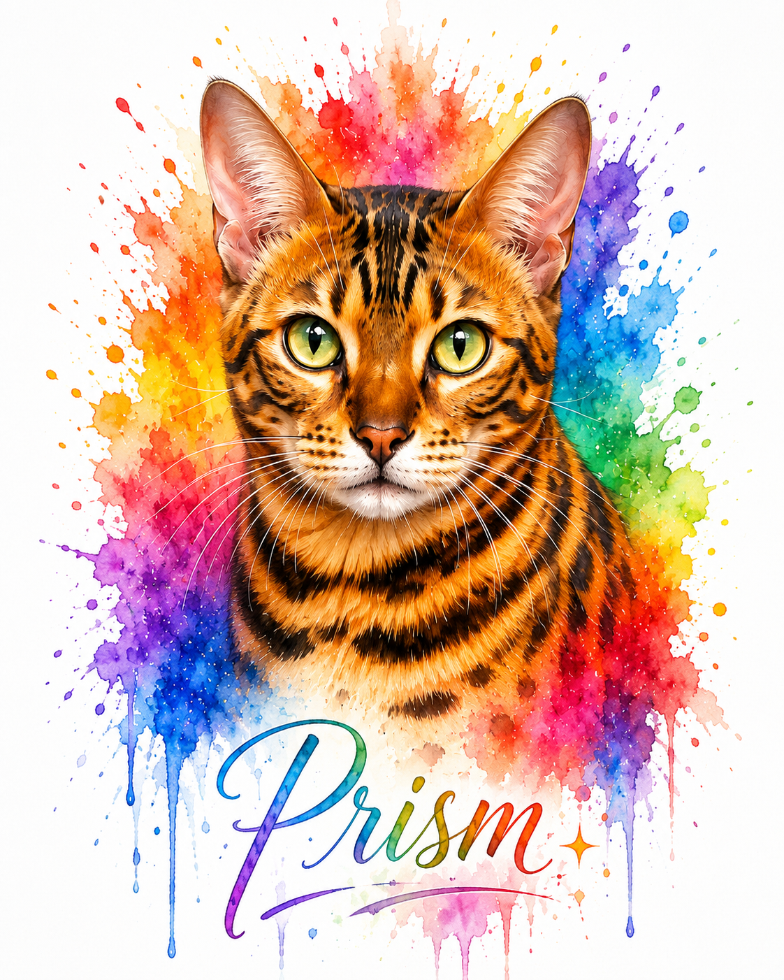 Rainbow splash pet portrait of a Bengal cat named Prism — colorful rainbow splash watercolor made from a photo