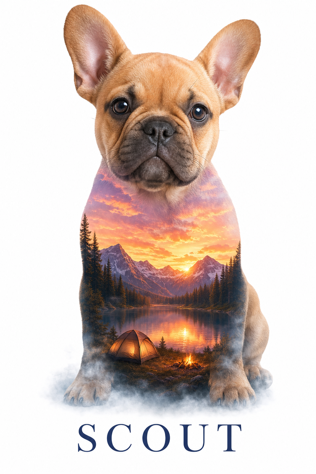 double exposure pet portrait of a dog with a sunset mountain landscape inside