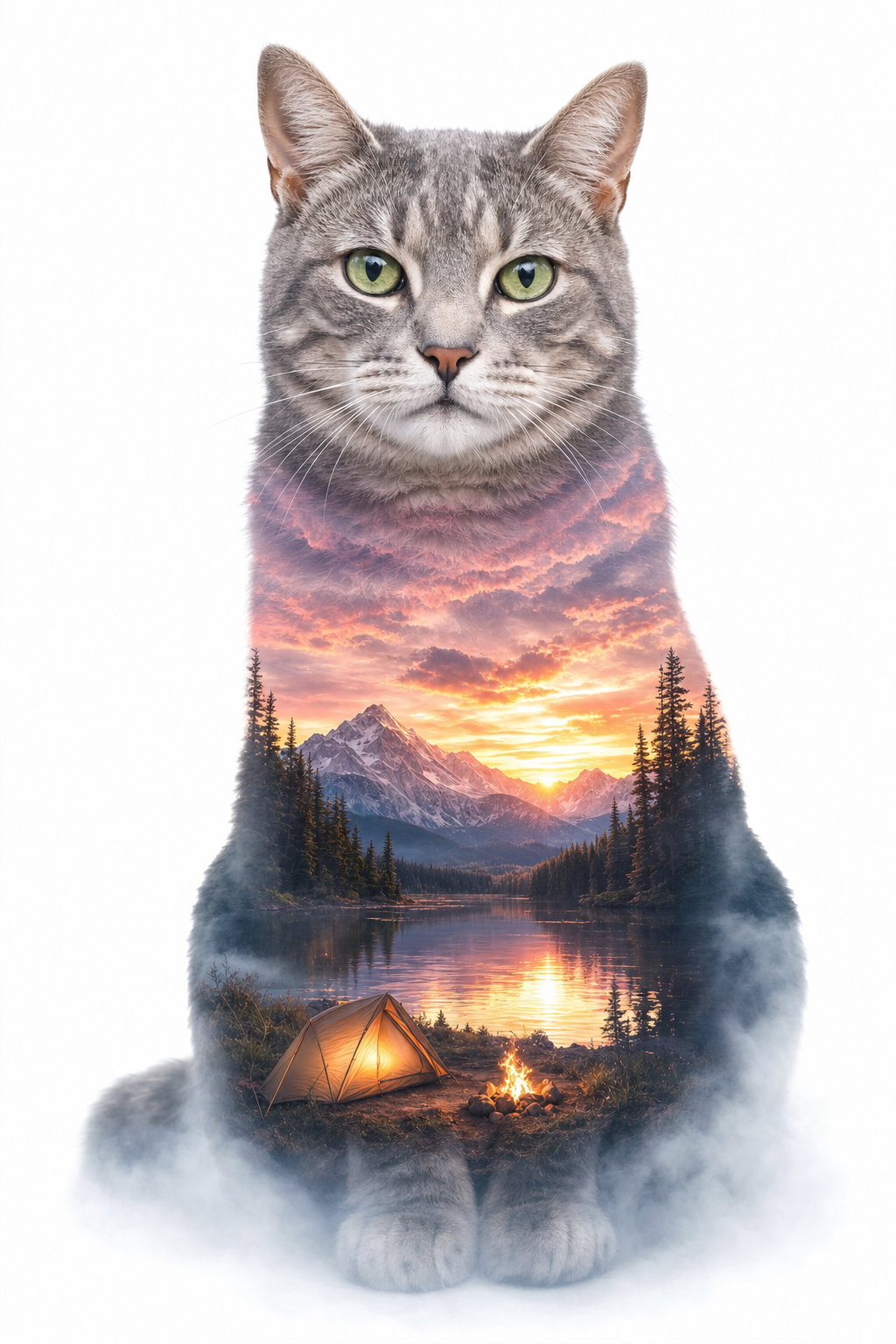 double exposure cat portrait with pine forest and lake silhouette