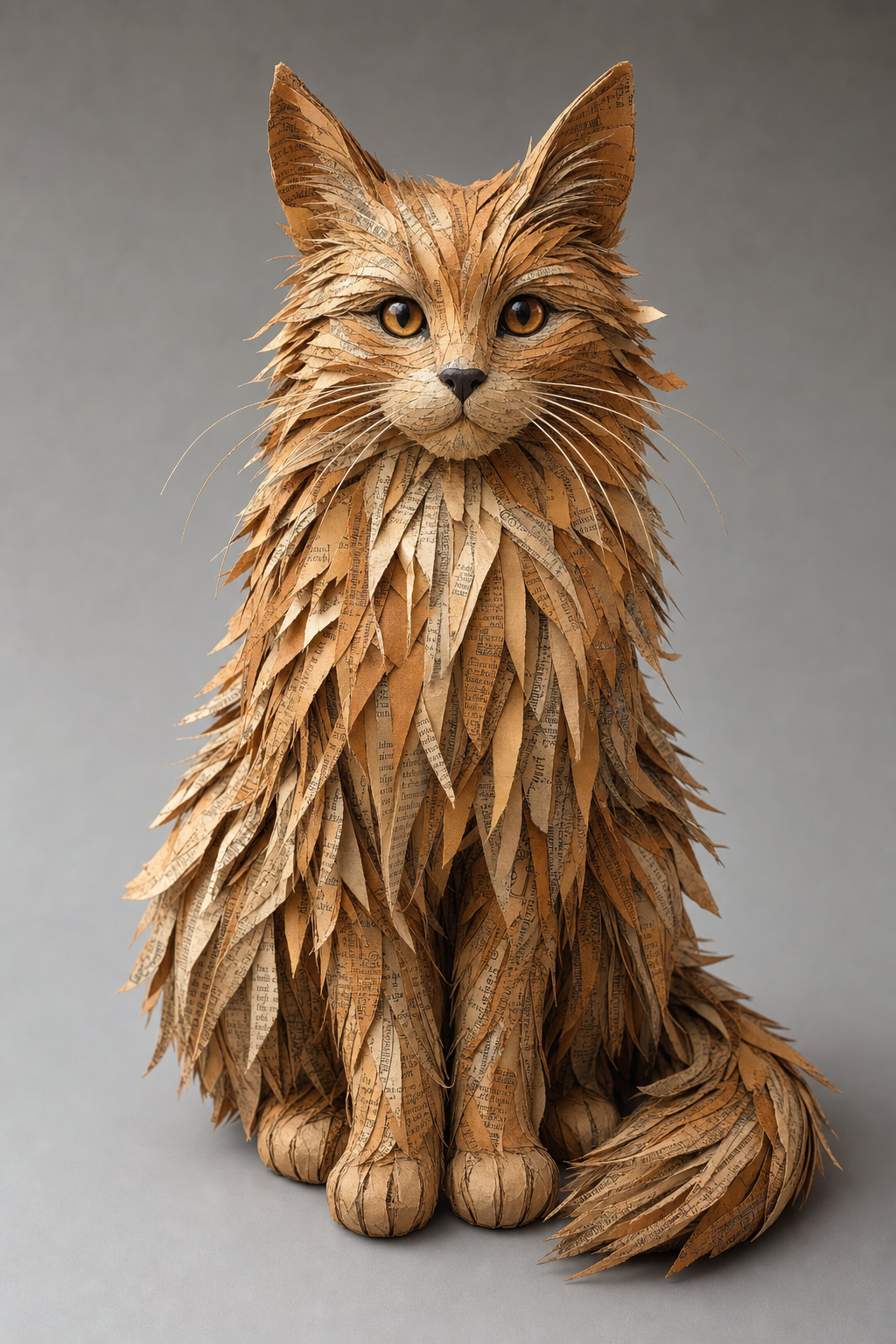 paper sculpture pet portrait of a cat in warm neutral tones
