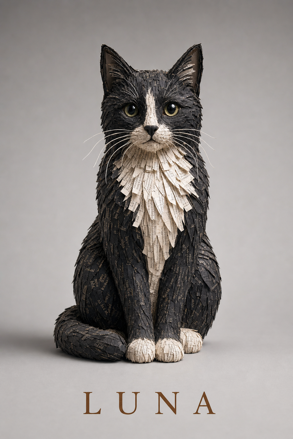custom paper pet art against a muted gray studio backdrop