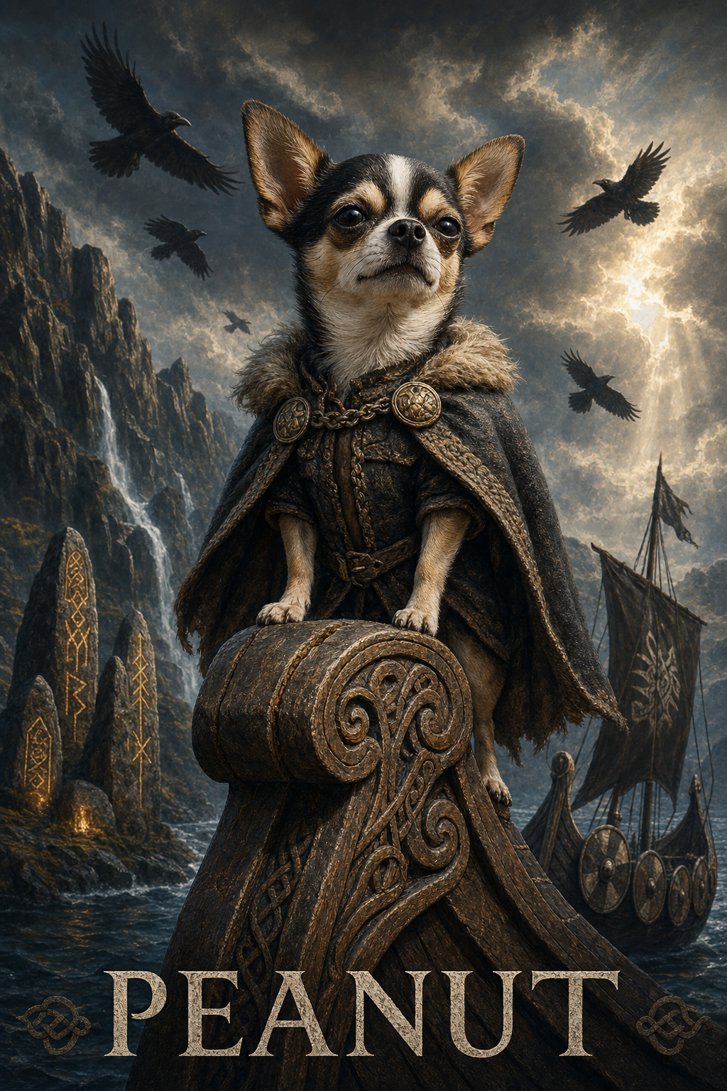 Norse warrior pet portrait of a cat in burnt-orange earth tones