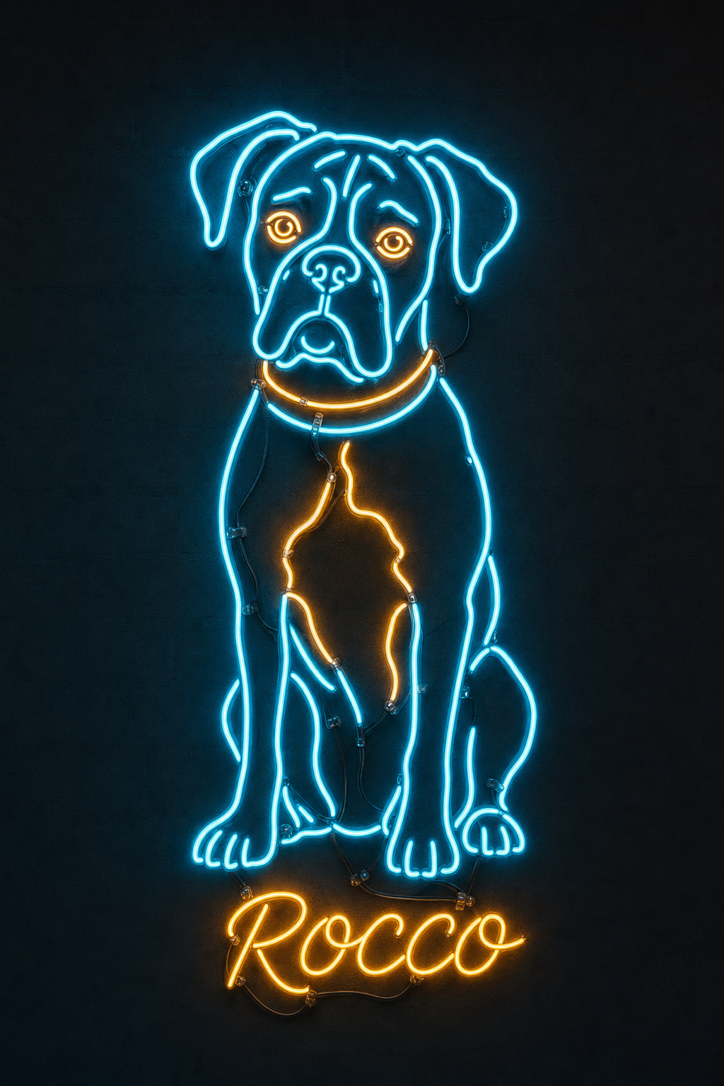 Neon pet portrait of a cat with color-shifting blue, pink and teal glow across the fur