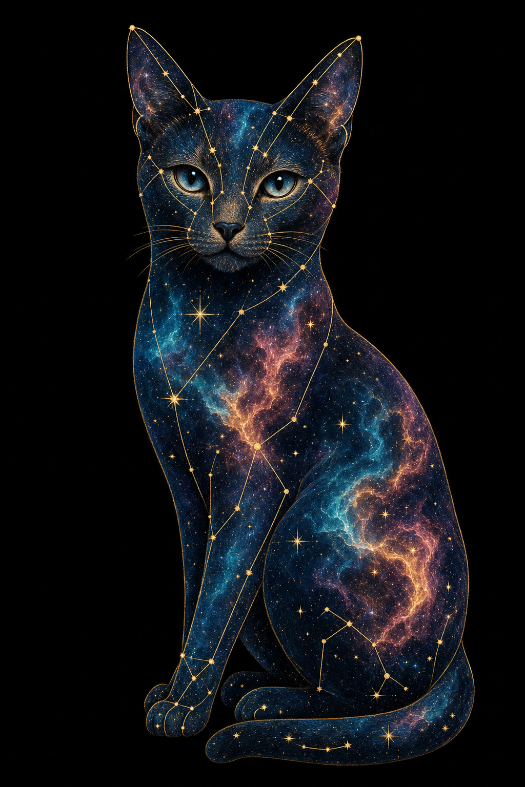 Cosmic pet portrait with a dog set against a deep purple nebula and sparkling bokeh particles