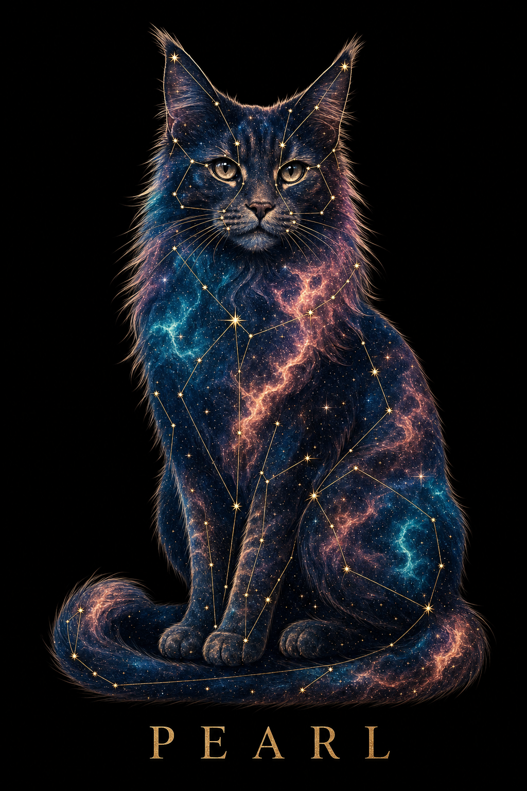 Custom galaxy pet portrait made from one photo with electric pink and violet fur glow