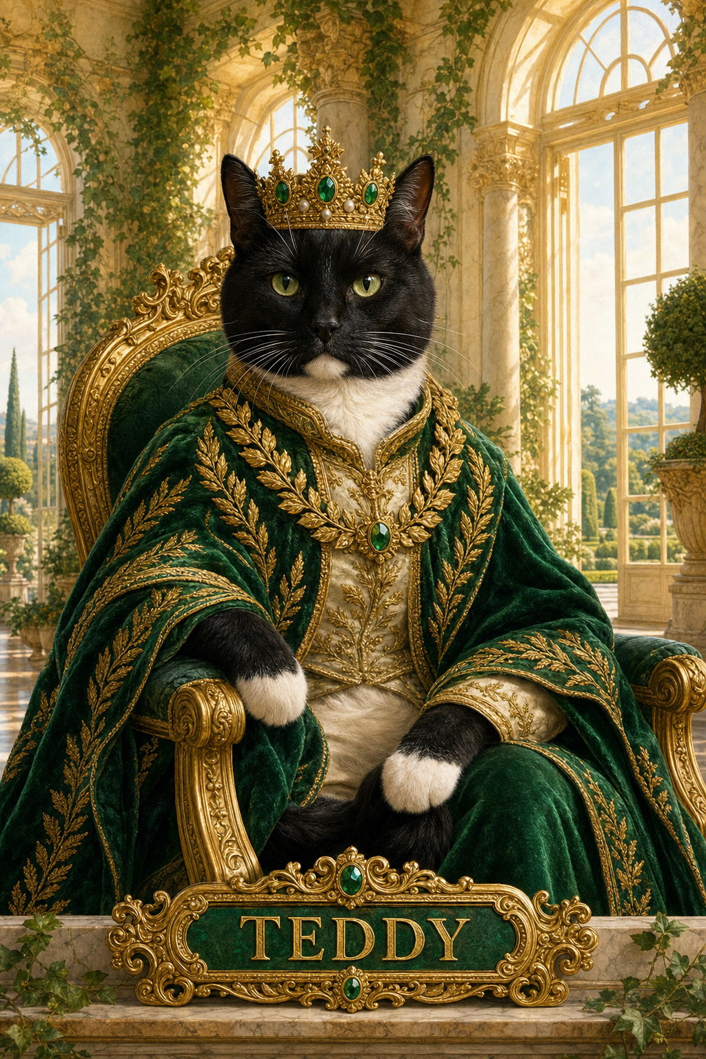 Tudor king pet portrait of a cat in an ermine mantle and antique gold crown in an Old-Master scene