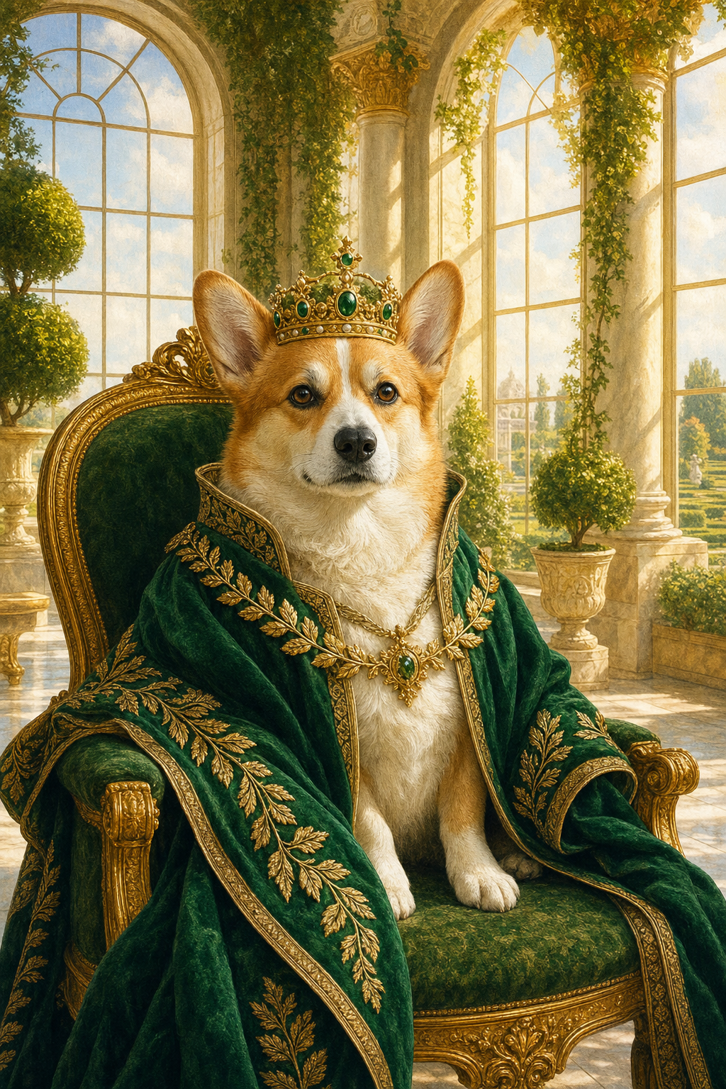 King pet portrait of a golden retriever in gold brocade and ermine with an aged crown