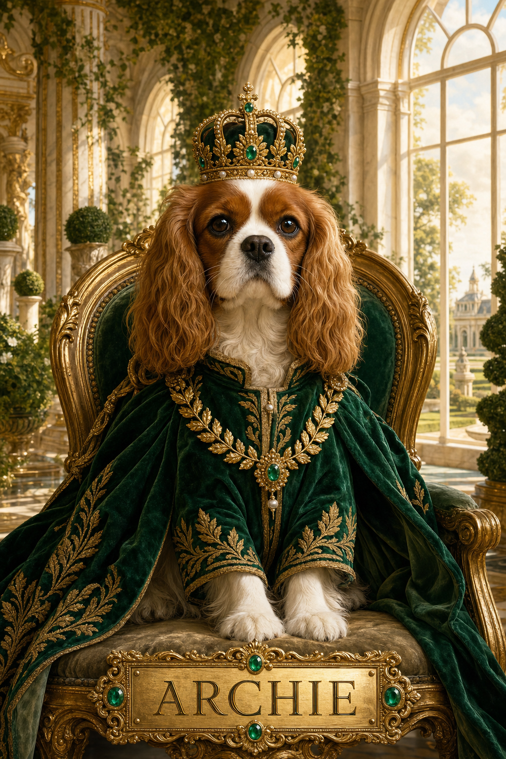 Custom AI royal portrait of a dog crowned as a Tudor king against a dark palace backdrop