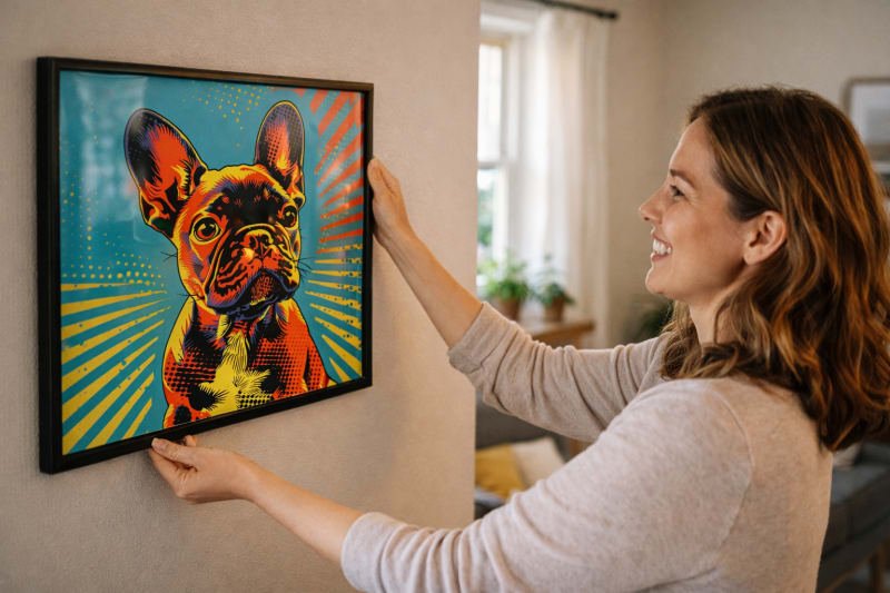 Happy woman hanging a framed pet portrait on her wall