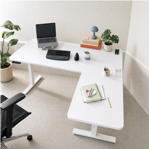 Standing desk en L Z90 Lite blanco armado en la esquina de un home office, con notebook y teclado